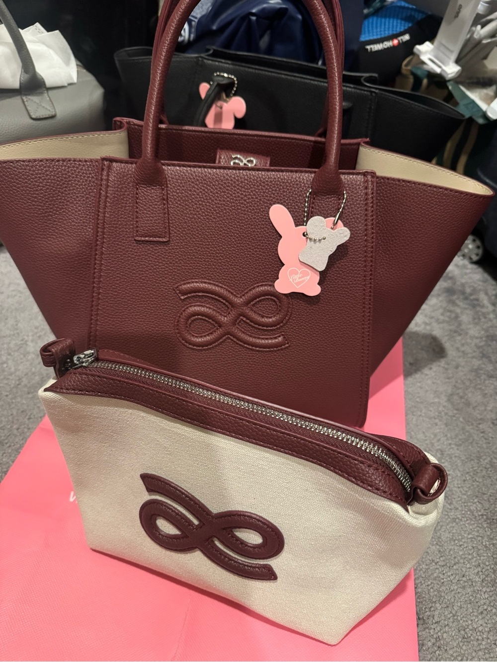 Women's Burgundy Leather Tote with Cream Pouch